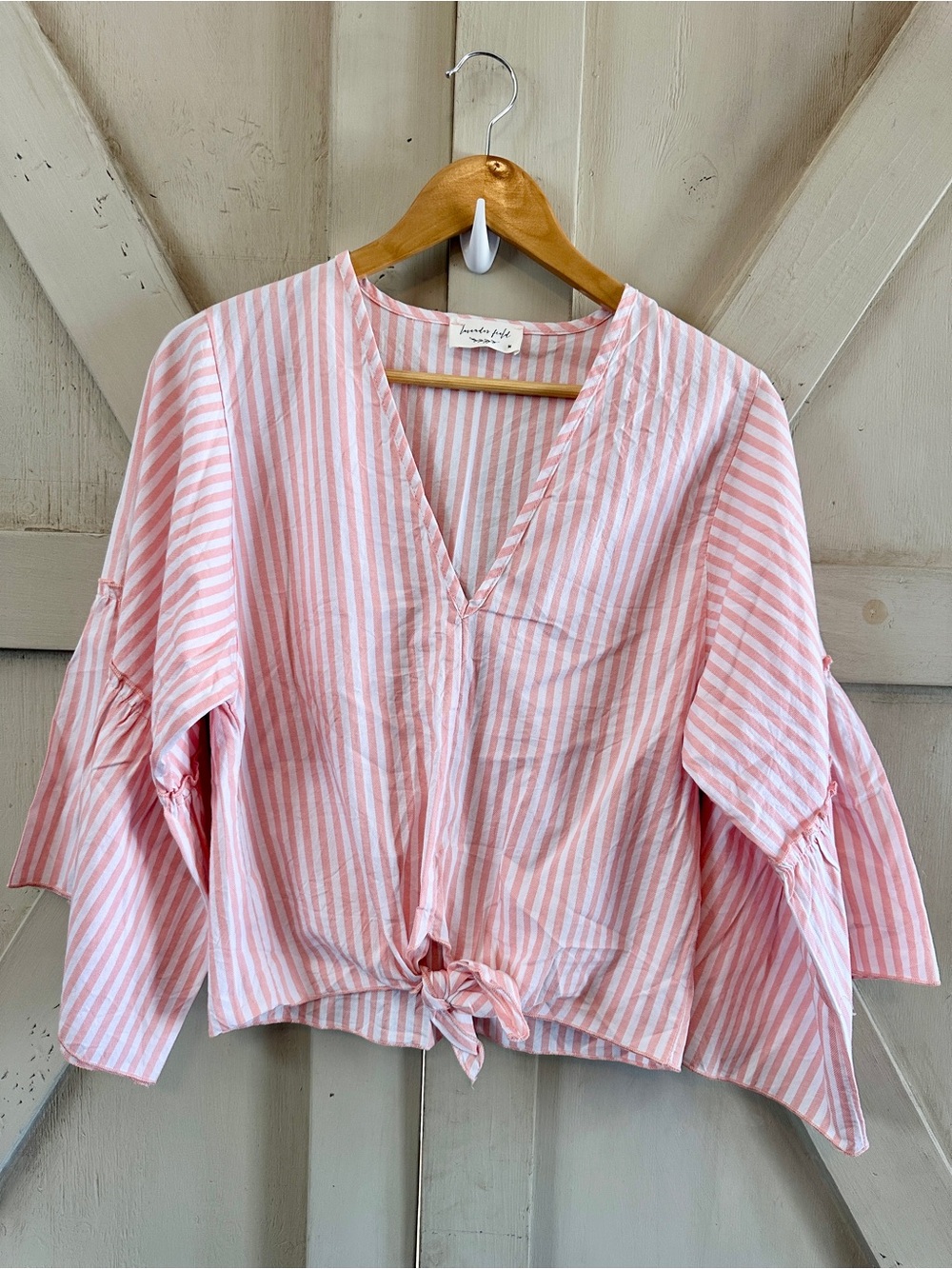 Lavender Field Pink White Stripe Tie Front Bell Sleeve Blouse Medium